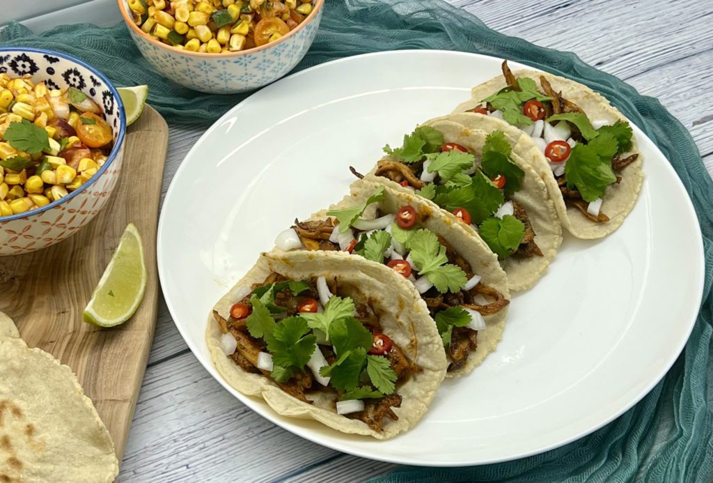 Vegan Carnitas Tacos with Corn Salsa