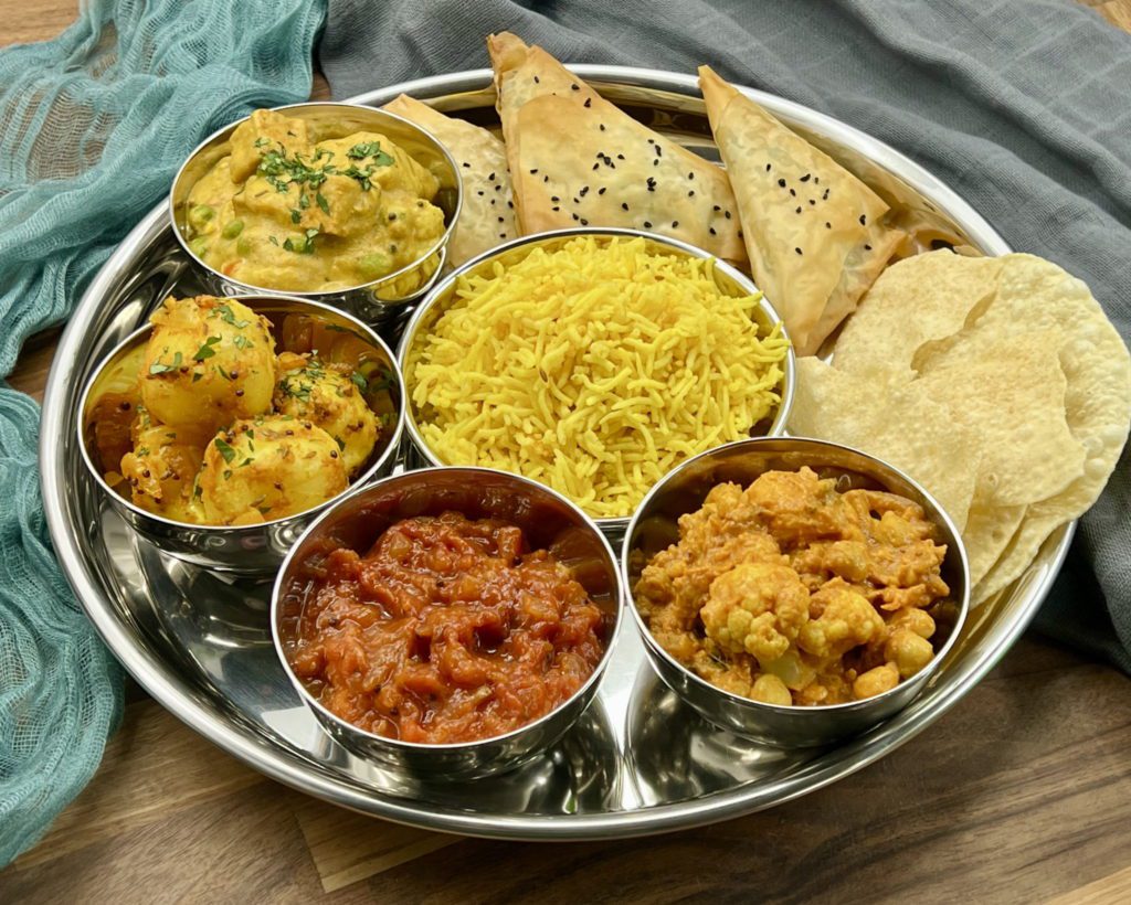 Indian Thali Platter, Aloo Fry, Vegan Korma, Vegan Samosas