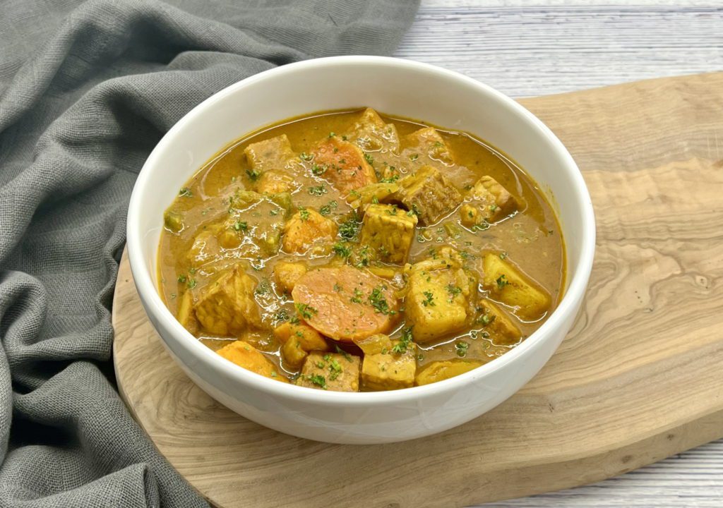 Vegan Jamaican Curry, curry roasted tempeh and root vegetables in a rich curry sauce.