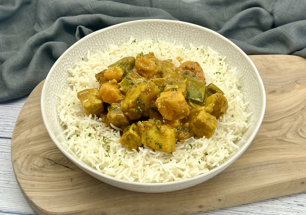 Vegan Jamaican Curry, curry roasted tempeh and root vegetables in a rich curry sauce.