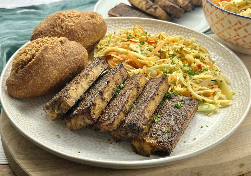 Jamaican Jerk Tofu with Festival Dumplings and Caribbean Coleslaw