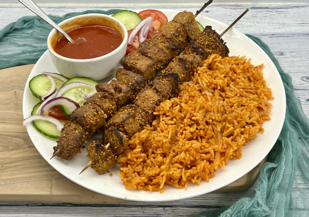 Vegan Jollof with Vegan Suya Nigerian Skewers