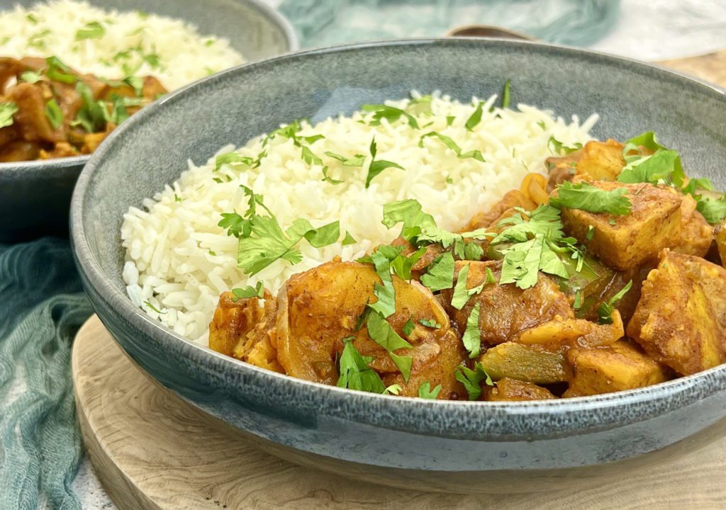Quick and Easy Vegan Fijian Curry, tempeh and potatoes roasted in spices for a hands-off approach to a curry.