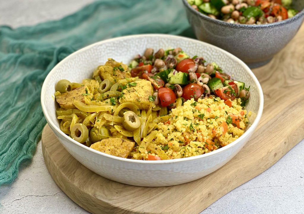 A vegan take on the popular comfort food from Senegal. Yassa, Fonio and Black Eyed Bean Salad
