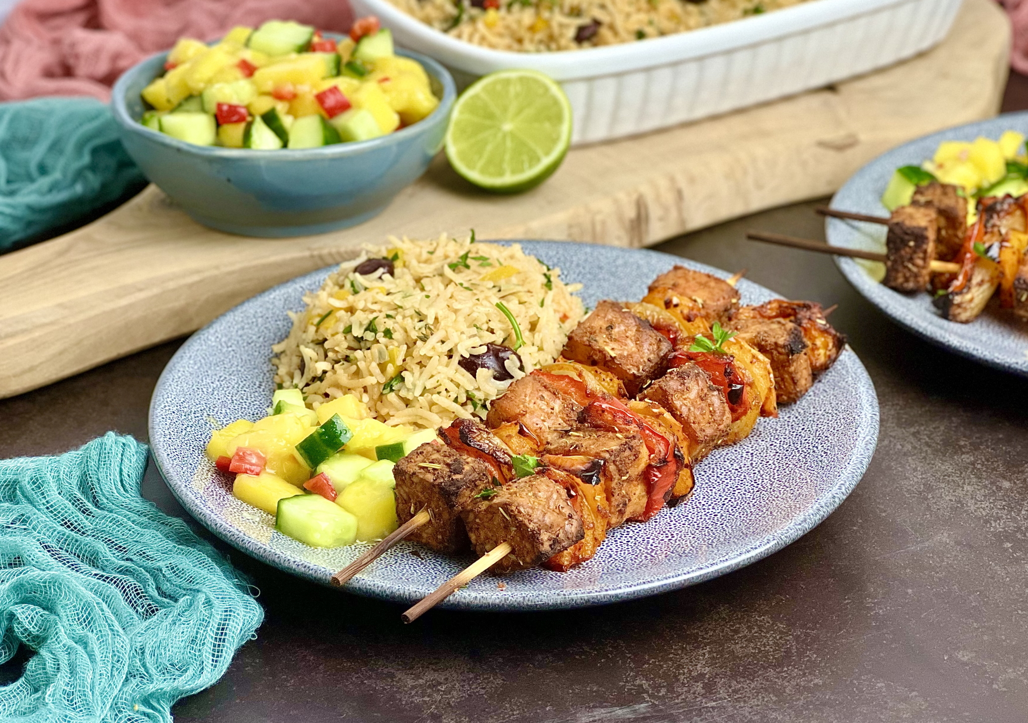 St. Lucian Style Tempeh Skewers, green mango salsa, rice and beans