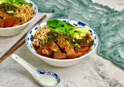 Vegan Taiwanese Beef Noodle Soup. Tempeh and shiitake mushrooms in an aromatic spiced broth.