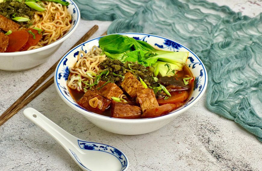 Vegan Taiwanese Beef Noodle Soup. Tempeh and shiitake mushrooms in an aromatic spiced broth.
