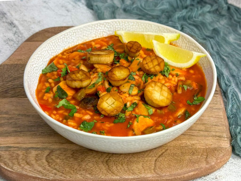 vegan portuguese dish with oyster mushroom scallops
