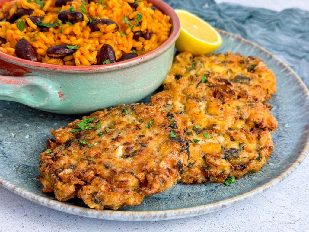 Vegan Pataniscas served with Portuguese Rice and Beans