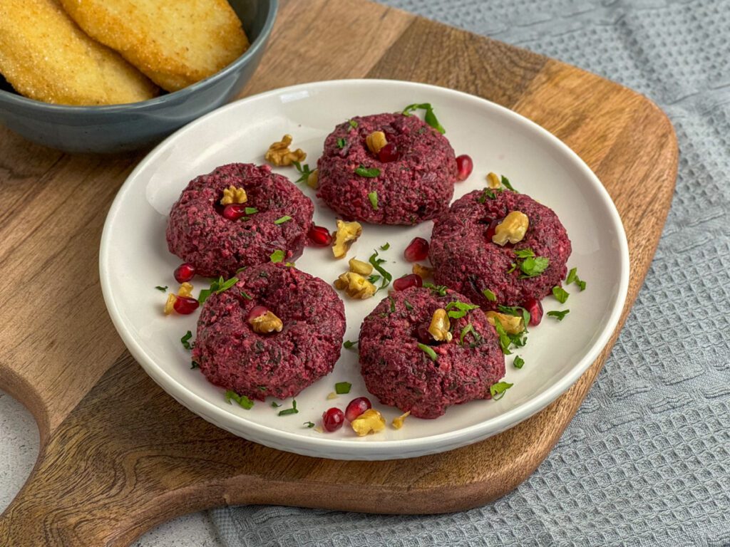 a vibrant and delicious vegan pâté made with beetroot and walnuts